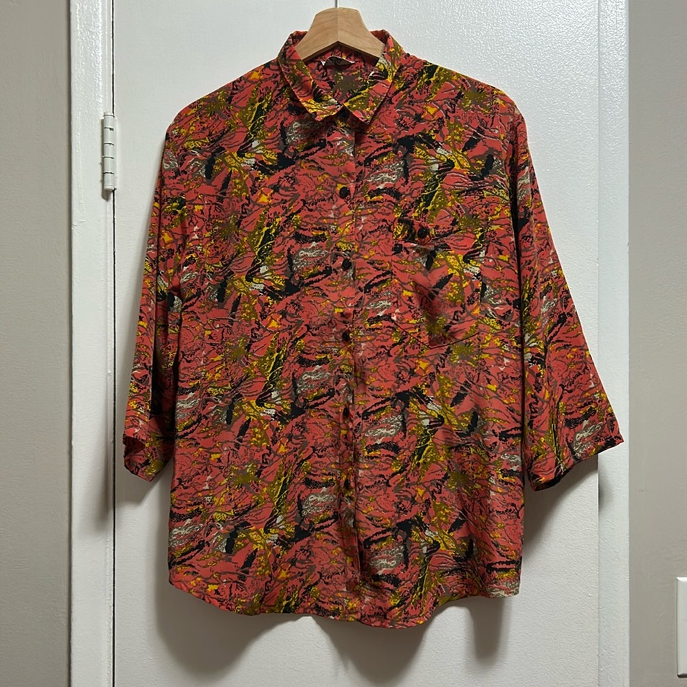 Vintage Button-Down Shirt in Coral, Mustard & Black Abstract Print